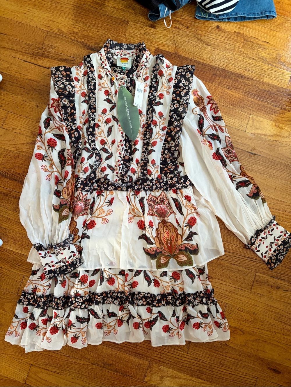 FARMRIO Boho Floral Tiered Mini Dress - White with Red & Black Floral-NWT